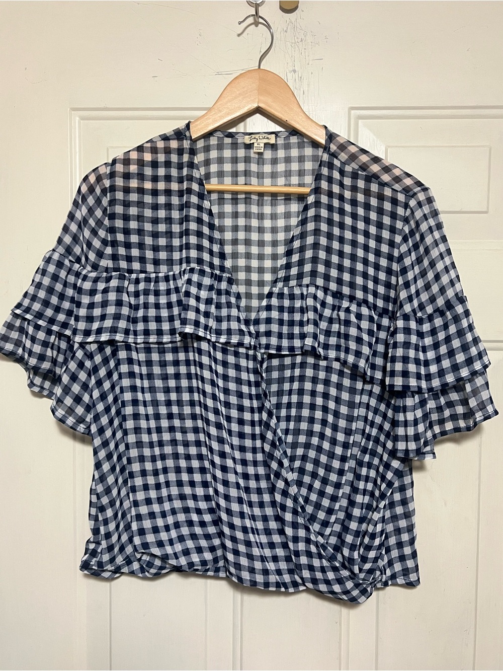 Lily White Navy Gingham Wrap Blouse XL Ruffle Sleeve Buffalo Check Top